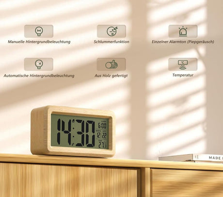 LCD Digital Alarm Clock with Smart Light Sensor, Manual Backlight, Snooze, Battery Operation, Solid Beech