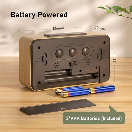 LCD Digital Alarm Clock with Smart Light Sensor, Manual Backlight, Snooze, Battery Operation, Solid Beech