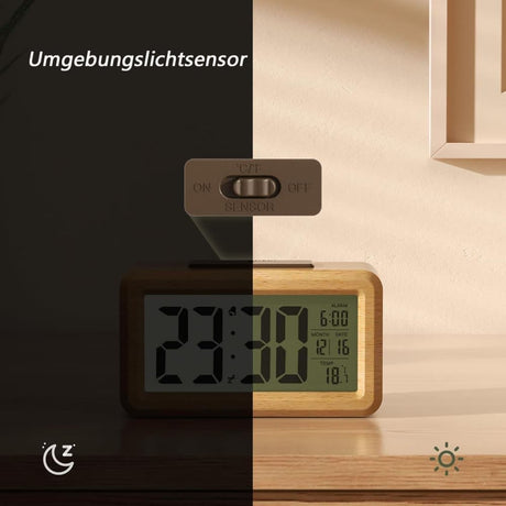 LCD Digital Alarm Clock with Smart Light Sensor, Manual Backlight, Snooze, Battery Operation, Solid Beech