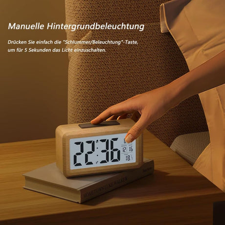 LCD Digital Alarm Clock with Smart Light Sensor, Manual Backlight, Snooze, Battery Operation, Solid Beech