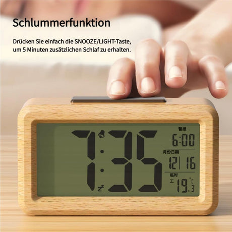 LCD Digital Alarm Clock with Smart Light Sensor, Manual Backlight, Snooze, Battery Operation, Solid Beech
