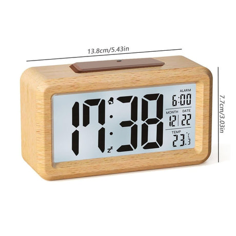LCD Digital Alarm Clock with Smart Light Sensor, Manual Backlight, Snooze, Battery Operation, Solid Beech