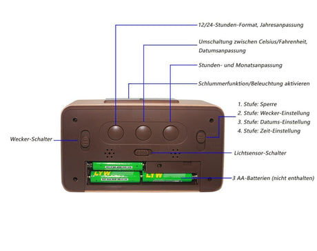 LCD Digital Alarm Clock with Smart Light Sensor, Manual Backlight, Snooze, Battery Operation, Solid Beech