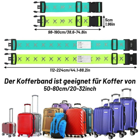 2-Pack Reflective Luggage Strap with Combination Lock for Suitcase, Adjustable Size, Light Blue