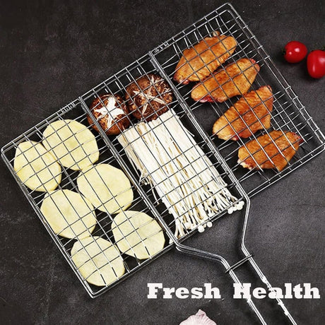 Foldable Grill Basket Stainless Steel for Fish Vegetables and Meat, Compatible with Camping and Outdoors, 46.5x32 cm