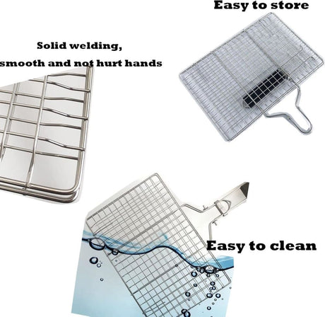 Foldable Grill Basket Stainless Steel for Fish Vegetables and Meat, Compatible with Camping and Outdoors, 46.5x32 cm