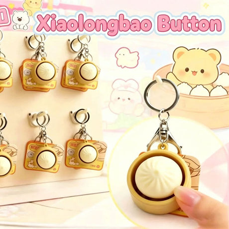 Cute Steamed Bun (Xiaolongbao) Stress Relief Button Keychain - Silicone Squeeze Fidget Toy with Mechanical Keyboard Switch, Mini Steamer Basket Design, Anxiety Relief Sensory Toy for Kids & Adults