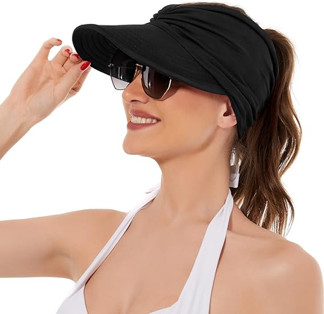 Women's UPF 50+ UV Protection Sun Visor Hat |  That Girl Aesthetic High Ponytail Wide Brim Hat | Birthday Gift for Her Beach Golf Hiking Outdoor Daily Casual WearBlack