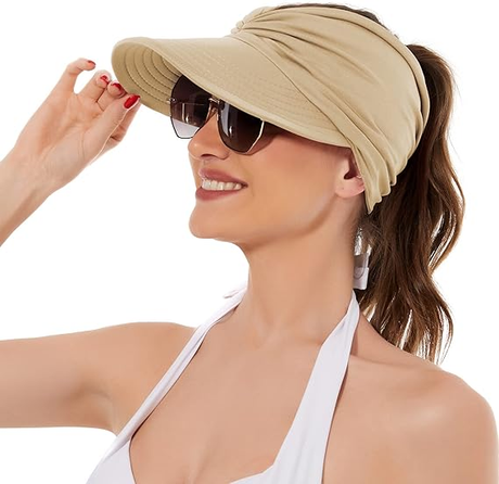 Women's UPF 50+ UV Protection Sun Visor Hat |  That Girl Aesthetic High Ponytail Wide Brim Hat | Birthday Gift for Her Beach Golf Hiking Outdoor Daily Casual WearBeige