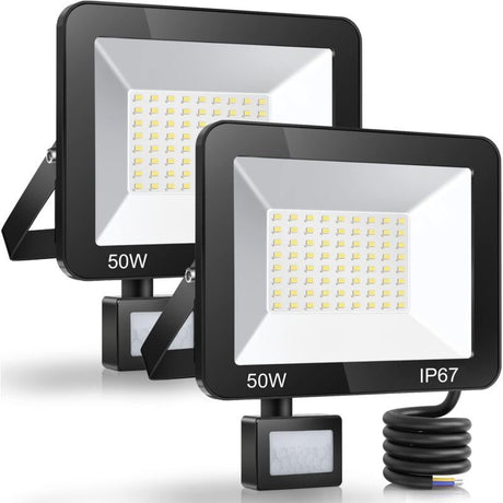 2 Pack LED Floodlight with Motion Sensor, 50W 5000LM 7000K Cool White, IP67 Waterproof