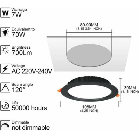 10 Pack Recessed LED Spotlight, 7W 3000K Warm White, IP44, AC 220 to 240V, Cutout 7 to 8.5 cm