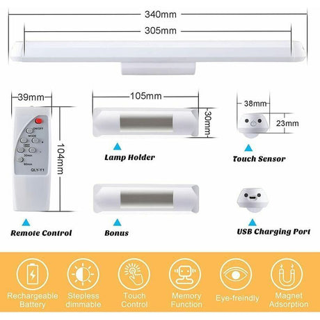 Dimmable LED Cupboard Lamp with Remote Control, Touch Rechargeable Wall Light, 34 cm