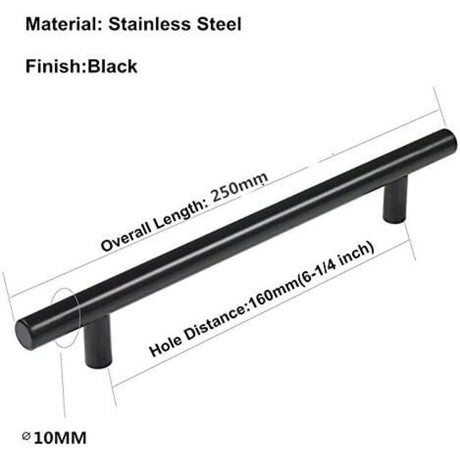 10 Pack Black Stainless Steel T Bar Cabinet Handle, 160 mm