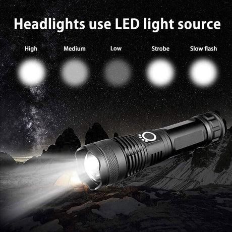 LED Flashlight, 5000 Lumens USB Rechargeable Tactical Torch, 5 Modes, Zoomable, Waterproof, 18650 Battery Included