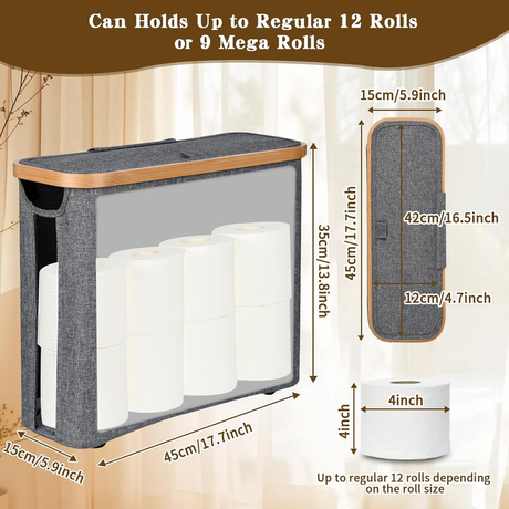 Toilet Paper Storage Basket with Lid, Holds 9-12 Rolls，gray
