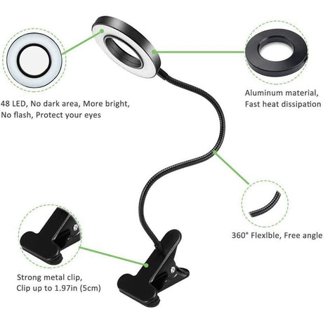 7W USB Clip Desk Lamp 48 LEDs 3 Colors 10 Brightness Levels Black