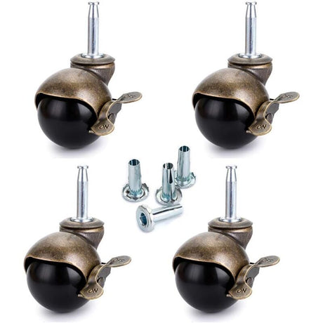 4 Pcs Bronze Ball Furniture Casters with Sockets and Brake, 1.5 inch