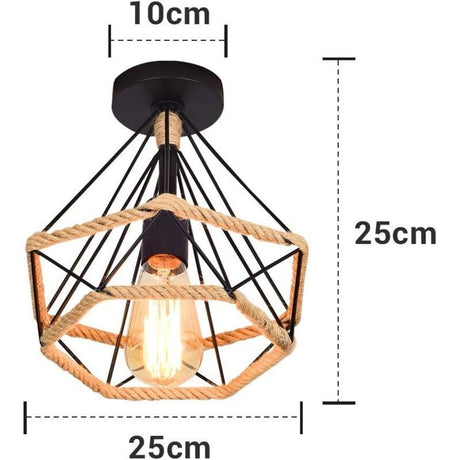 Vintage Industrial Metal Cage Ceiling Lamp with Hemp Rope, 25 cm