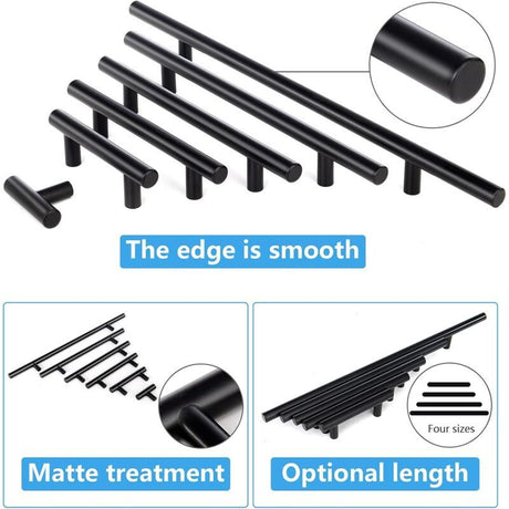 10 Pcs Black Stainless Steel Kitchen Cupboard Door Handles, 192 mm Hole Spacing