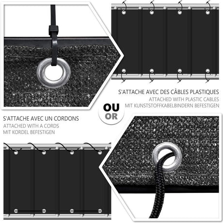 Black HDPE Balcony Privacy Screen 200g m2 with Cable Ties and Cords, 500 x 90 cm