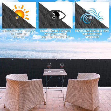 Black HDPE Balcony Privacy Screen 200g m2 with Cable Ties and Cords, 500 x 90 cm