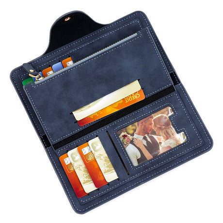 Women's PU Leather Long Wallet with Zipper and Button Closure, Multi-Compartment Clutch Purse, Black