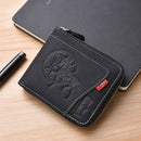 Men's Leather Wallet with Zipper and Horse Embossed Design, Multi-Card Bifold Wallet, Black