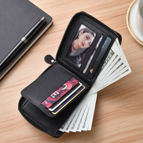 Men's Leather Wallet with Zipper and Horse Embossed Design, Multi-Card Bifold Wallet, Black