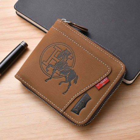 Men's Leather Wallet with Zipper and Horse Embossed Design, Multi-Card Bifold Wallet, Brown
