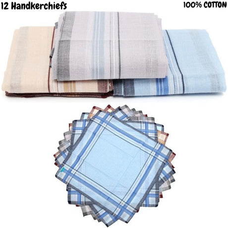 12 Pack Men's Cotton Handkerchiefs, 35 x 35 cm Pocket Square Hankies