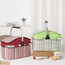 27L Foldable Insulated Picnic Basket Cooler Bag with Aluminum Handles, Green Striped Thermal Hamper