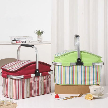 27L Foldable Insulated Picnic Basket Cooler Bag with Aluminum Handles, Green Striped Thermal Hamper