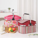 27L Foldable Insulated Picnic Basket Cooler Bag with Aluminum Handles, Green Striped Thermal Hamper