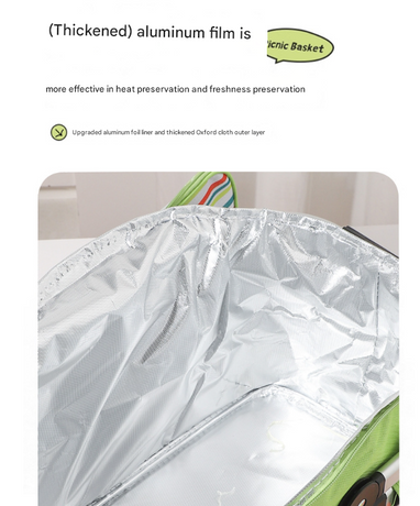 27L Foldable Insulated Picnic Basket Cooler Bag with Aluminum Handles, Green Striped Thermal Hamper