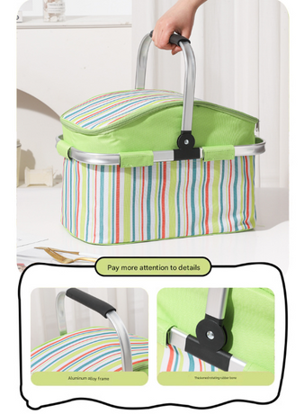 27L Foldable Insulated Picnic Basket Cooler Bag with Aluminum Handles, Green Striped Thermal Hamper