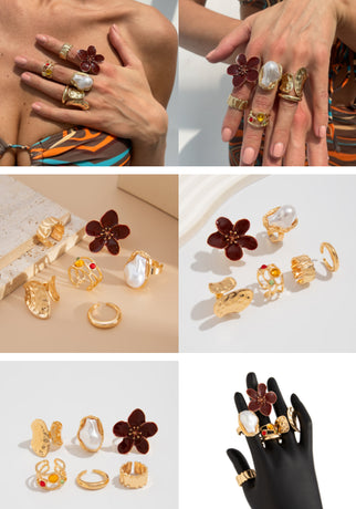 6-Piece Gold Stackable Ring Set with White Enamel Flower and Baroque Pearl, Adjustable Women's Jewelry