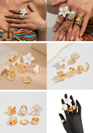 6-Piece Gold Stackable Ring Set with White Enamel Flower and Baroque Pearl, Adjustable Women's Jewelry