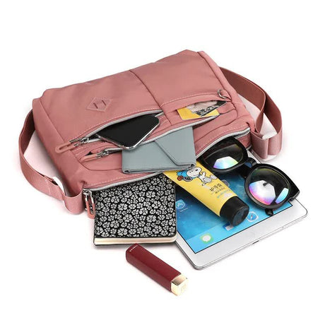 Lightweight Nylon Crossbody Shoulder Bag with Multi Pockets and Adjustable Strap, Light Blue