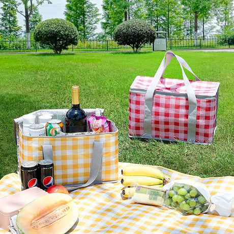 2 Pack Insulated Picnic Lunch Bags, Checkered Thermal Food Storage Totes, Green