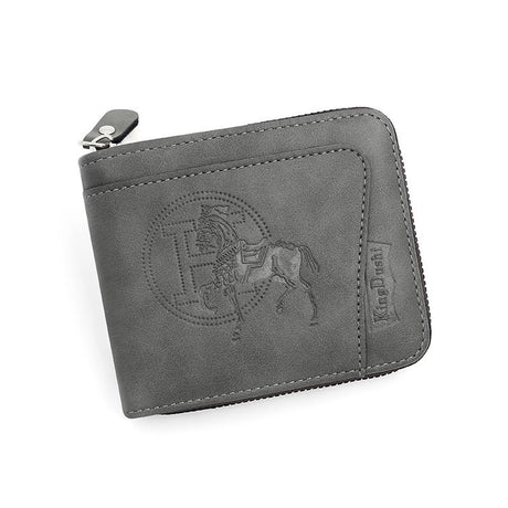 Men's PU Leather Wallet with Zipper and Horse Embossed Design, Multi-Card Bifold Wallet, Grey