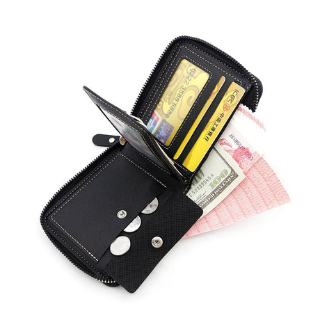 Men's Leather Wallet with Zipper and Horse Embossed Design, Multi-Card Bifold Wallet, Dark Brown