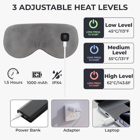 Heated Eye Mask Wireless Washable with 3 Temperature Settings