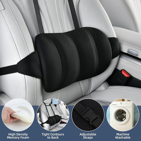 Car Lumbar Support Cushion Height Adjustable with Straps Black, 40 x 19 x 8 cm