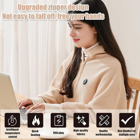 USB Heated Hooded Scarf with Zipper 3 Temperature Settings Apricot, 150 x 80 cm