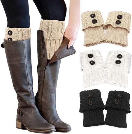 3 Pair Knitted Leg Warmers Button Cable Knit Black Beige White