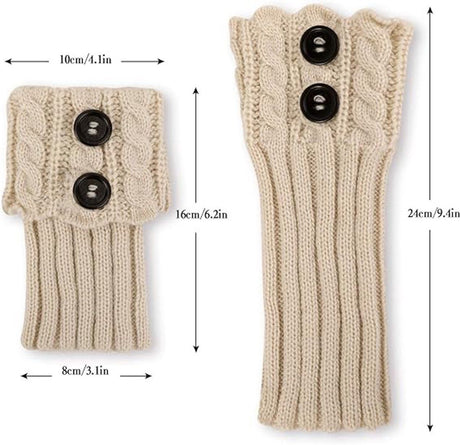 3 Pair Knitted Leg Warmers Button Cable Knit Black Beige White