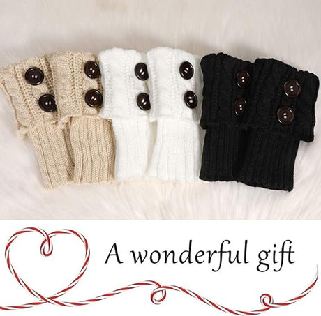 3 Pair Knitted Leg Warmers Button Cable Knit Black Beige White