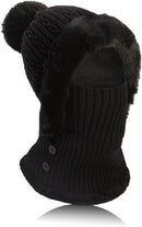Beanie and Neck Warmer Set Knitted Winter Hat with Pom Pom Black, One Size
