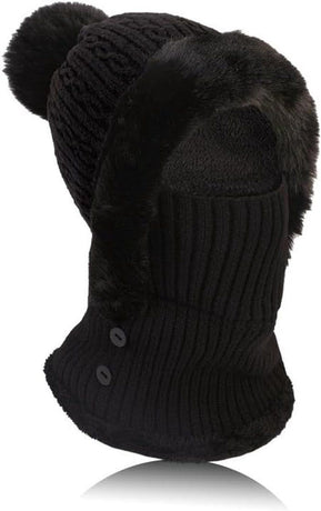 Beanie and Neck Warmer Set Knitted Winter Hat with Pom Pom Black, One Size