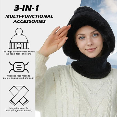 Beanie and Neck Warmer Set Knitted Winter Hat with Pom Pom Black, One Size